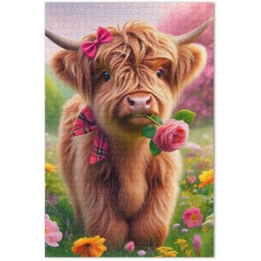 Imagem de Quebra-cabeça floral highland bezerro primavera 1000 peças adultos arte floral pintura paisagem quebra-cabeça família amantes presentes, 75 x 40 centímetros