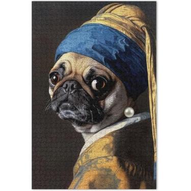 Imagem de Quebra-cabeça de cachorro Pug com brinco de pérola, 1000 peças para adultos, presentes de elefantes brancos, quebra-cabeças exclusivos, paisagem floral