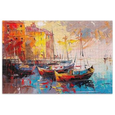 Imagem de Barcos pescaria pintura aquática 500 peças quebra-cabeças para adultos presentes para jogo de elefante branco quebra-cabeça difícil quebra-cabeça brinquedo arte