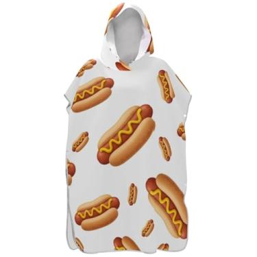 Imagem de Joisal Poncho de surfe trocador de roupão para toalha de natação com capuz fofo absorvente desenho animado cachorro-quente branco unissex poncho adulto com capuz