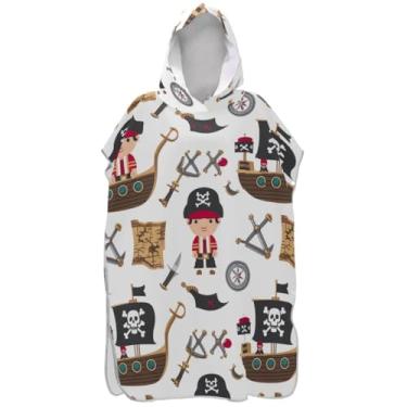 Imagem de Joisal Roupão de secagem rápida, poncho de surfe, trocador para adultos, com capuz, toalha floral, pirata, navios, branco, poncho masculino com capuz