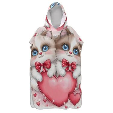 Imagem de Cute Cats Love Valentine Surf Poncho Trocador para Adul Praia com Capuz Toalha de Banho Roupão Feminino Ponchos com Capuz