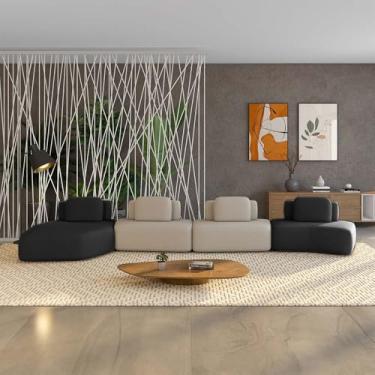 Imagem de Sofá Ilha Sala de Estar Dakota 4 Módulos 626cm Encostos Almofadas Soltas Veludo Preto/Bege G33 - Gran Belo