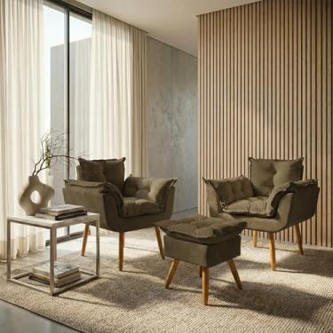 Imagem de Kit 2 Poltronas Decorativa e Puff Para Sala Recepção Manicure Consultório Quarto Closet Alice Tecido Suede (Marrom)