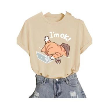 Imagem de Camiseta Feminina Bege Com Estampa De Gato Fofo, Casual, Gola Redonda,