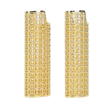 Imagem de Pssopp Luva de Isqueiro Vintage de 2 Peças, Suporte de Capa de Isqueiro Reutilizável de Liga de Zinco Com Design de Padrão Oco para Pai e avô (Ouro)