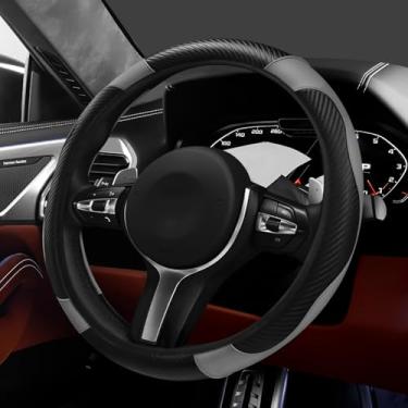 Imagem de Hovom Capa de volante de carro, capa protetora de volante de couro de fibra de carbono estilosa para 38 cm, antiderrapante e confortável, acessórios internos universais para decoração de carro (preto