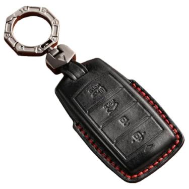 Imagem de Capa de couro artesanal para chave de carro compatível com Hyundai Genesis 2017 2018 2019 2020 G70 G80 G90 4 botões Chave Fob Shell Chaveiro Acessórios para automóveis(Black)