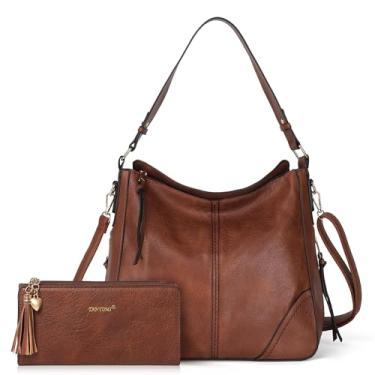 Imagem de TANTOMI Hobo Bolsas femininas transversais conjunto de bolsas de couro PU e bolsas de mão com alça de ombro ajustável, 2 peças, Marrom, 32cm (L) x 13cm (W) x 33.5cm (H)