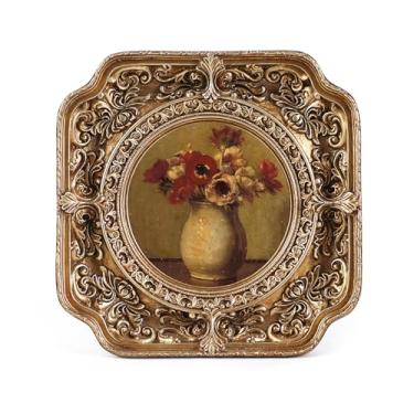 Imagem de S GMOMENT Molduras pequenas vintage 7,5 x 7,6 cm, mini molduras redondas antigas com vidro frontal ornamentado, decoração de casa vitoriana para mesa e parede, tamanho carteira, decoração de parede de