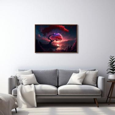 Imagem de Quadro Decorativo Paisagem Anoitecer com Árvore e Penhasco com 1 Tela 60x90cm para Sala Quarto Com Vidro Marrom