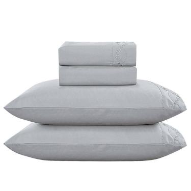 Imagem de Jogo De Cama Lençol King Romantico Percal 300 Fios 4 Peças Cinza 100% Poliéster