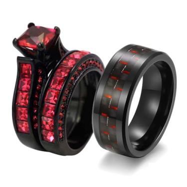 Imagem de ringheart 2 anéis luxuosos para casais, ouro preto, corte princesa, azul, zircônia cúbica, conjuntos de alianças de casamento masculinas de tungstênio, women's size 7 & men's size 7, Metal, Zircônia