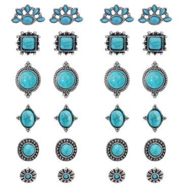 Imagem de DICOSMETIC Conjunto de brincos femininos turquesa ocidental, 24 peças, boêmio, turquesa, flor/losango, oval, plano, redondo/quadrado com porcas de plástico para fabricação de joias, 7-14.5x7-14.5mm