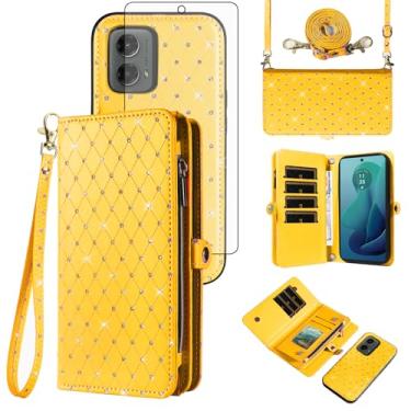 Imagem de Capa de celular para Motorola Moto G 5G 2024 com zíper carteira destacável com protetor de tela de vidro temperado alça transversal alça flip glitter porta-cartão slot G5G 5 G G5 mulheres homens