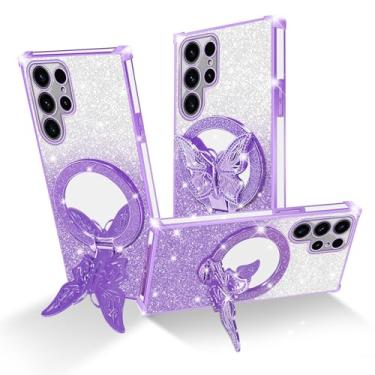 Imagem de Easyscen Capa para celular Samsung Galaxy S23 Ultra (6,8 polegadas), com suporte de borboleta e 4 cantos de airbag protetora, capa protetora à prova de choque de luxo feminina com glitter - roxa