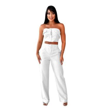 Imagem de Conjunto feminino cropped c/ bojo e calça alfaiataria listrada 9589 - 