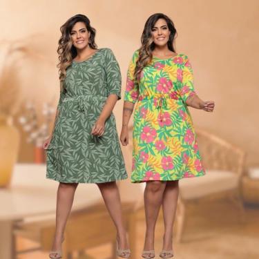 Imagem de Kit 2 Vestidos Feminino Plus Size Estampado Manga 3Quartos Com Cordinh