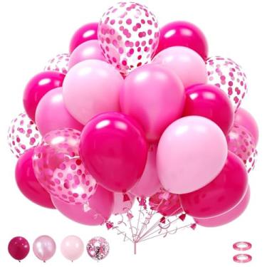 Imagem de 60 balões de festa de 30,5 cm, lantejoulas rosa e vermelho rosa, balões de látex branco com fita, balões de festa de festival, festa de aniversário, decorações de arco de balões de casamento