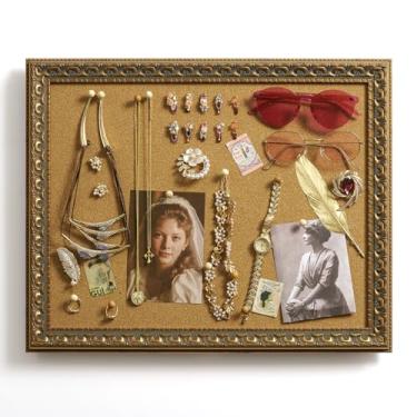 Imagem de FOLKOR Quadro de avisos de cortiça 40,6 x 50,8 cm com moldura vintage ornamentada dourada, quadro de avisos de alfinetes decorativos emoldurados para memorandos de família, agendas de receitas