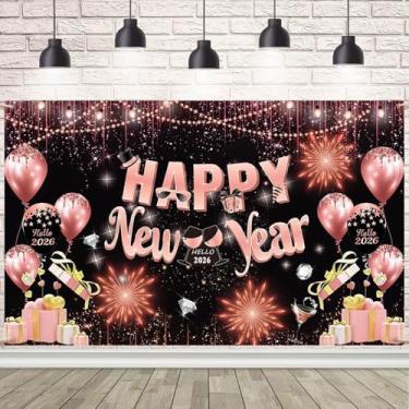 Imagem de AIBIIN Faixa rosa 2026 feliz ano novo decorações de festa rosa fogos de artifício véspera de ano novo suprimentos de festa para véspera de ano de 2026 suprimentos de festa 179 x 110 cm