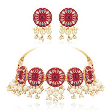 Imagem de Aheli Colar indiano tradicional Bollywood rosa feito à mão Meenakari gargantilha esmaltada com conjunto de brincos para mulheres