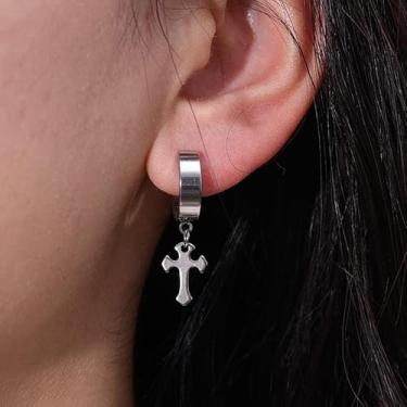 Imagem de Brincos de aço de titânio não perfurados com clipe de argola em cruz para homens e mulheres, 4*1.3cm, Titânio, Sem pedra preciosa