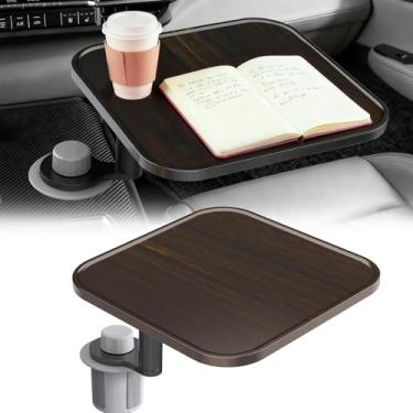Imagem de Mesa de carro com rotação de 360° para laptop, mesa com suporte de copo ajustável em altura, bandeja de comida de carro de madeira e suporte para laptop compatível com Tesla modelo Y/3/S, Ford F150