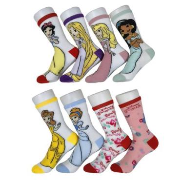 Imagem de Kit 8 Pares de Meias Princesas da Disney 4 a 10 anos Infantil Meninas 