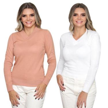 Imagem de Kit 2 Blusas Tricot Gola V Moda Casul Inverno 2024 - GIP, Nude, Branco