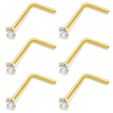 Imagem de Ftovosyo 6 peças de anéis de nariz de aço cirúrgico em forma de L para mulheres 1,5 mm zircônia cúbica parafuso de narina piercings hipoalergênicos 24 g 22 g 20 g, 22g,1.5mm CZ, Metal, Zircônia cúbica