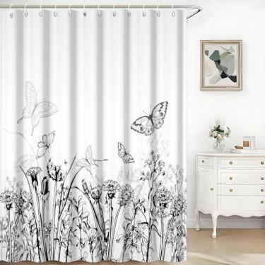 Imagem de TTQYFNM Cortina de chuveiro preta e branca rústica dente-de-leão flores silvestres borboletas casa de banho decoração de banheira tecido impermeável plantas botânicas esboço conjunto de cortinas de