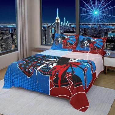 Imagem de Jogo de lençol casal de teia de aranha, inseto aracnídeo, aracnídeo, animal, meninos, mulheres e homens, moderno, bloco de Halloween, vermelho, azul, 4 peças (elástico + plano + 2 fronhas)