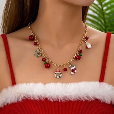 Imagem de Colar gargantilha com sino verde, pingente de laço, corrente de clavícula, corrente de árvore de Natal, Y2K, doce miçanga de Natal, Style 2, Liga de aço, Sem Pedra Preciosa