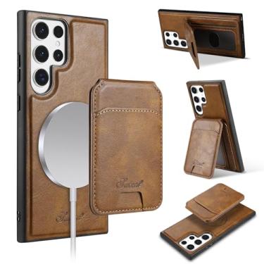 Imagem de PASNEW Capa para Samsung Galaxy S24Ultra porta-cartão, carregamento sem fio, carteira de couro à prova de choque, capa rígida magnética S24 Ultra, não serve para S Pen, 17,3 cm, marrom