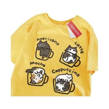 Imagem de Camiseta De Algodão Estilo Americano Com Estampa De Gato Café Para Hom