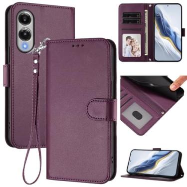 Imagem de Capa carteira para Samsung Galaxy S25 Edge, capa fina de couro com compartimentos para cartões, alça de pulso e suporte, capa protetora à prova de choque para homens e mulheres (roxo escuro)