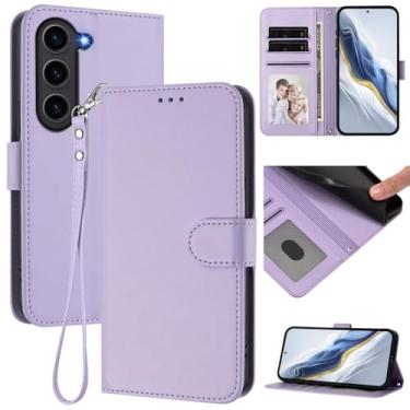 Imagem de Capa carteira para Samsung Galaxy S23 FE, capa carteira de couro fina com compartimentos para cartões, alça de pulso e suporte, capa protetora à prova de choque para homens e mulheres (roxo claro)