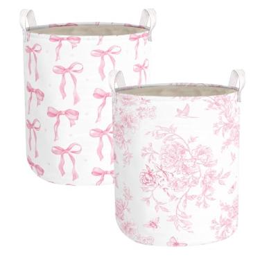 Imagem de 2 peças de cesta de roupa rosa para meninas fofas cesta de roupa suja floral para berçário de bebê adorável decoração de quarto dobrável Oxford pano tote organizador de roupas balde de armazenamento