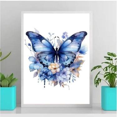 Imagem de Quadro Borboleta Azul Aquarela 33x24cm - Moldura Preta