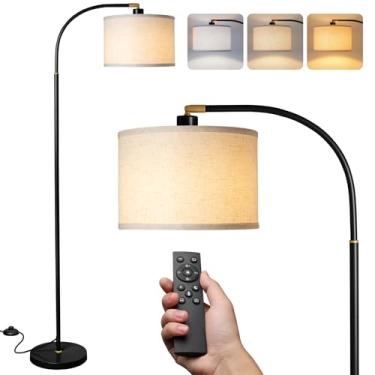 Imagem de LALISU Candeeiros de chão de arco para sala de estar, lâmpada de pé moderna com controle remoto, luminária de chão regulável com sombra de linho, lâmpada alta para quarto, escritório, sala de jantar