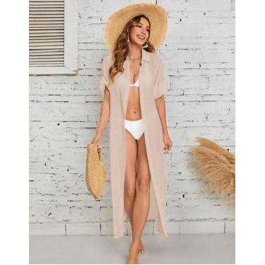 Imagem de Kimono Feminino Saída Praia Longa Vestido Manga Curta Fenda Moda Verão