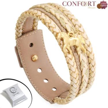Imagem de Pulseira de Couro Feminina Country Ajustável Cavalo Dourado - Granado 