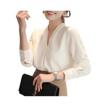 Imagem de Blusa Feminina Branca De Manga Longa Com Decote V Profundo Estilo Core