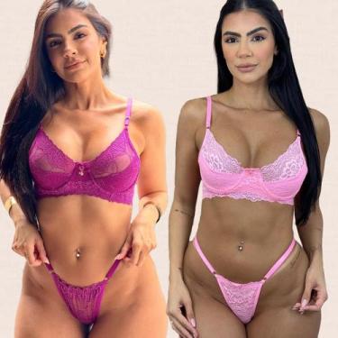 Imagem de Kit 2 Conjuntos Renda Meia Taça Laura Tamanho:GGCor:Fucsia Rosa Claro 
