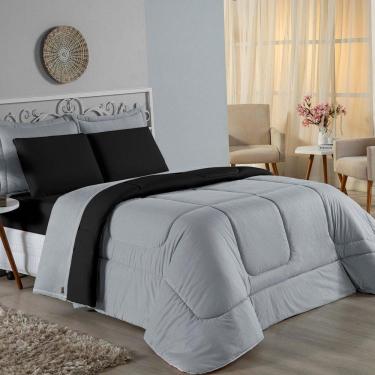 Imagem de Kit Edredom Dupla Face + Jogo De Lençol Solteiro Nobre 5 Peças Malha 100% Algodão - Cinza / Preto