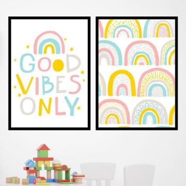 Imagem de Kit 2 Quadros Decorativos Good Vibes Arco-Íris 34x23cm