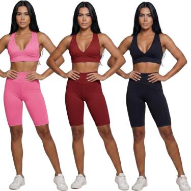 Imagem de KIT 3 Conjunto Top Bojo e Bermuda Ciclista Vekyo Roupa Para Academia Treino Moda Fitness Musculação-Feminino