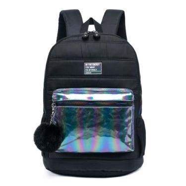 Imagem de Mochila Juvenil Casual Bolso Holográfico Reforçada Chaveiro Pompom - T