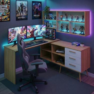 Imagem de Mesa Gamer Em L Para Computador Com 3 Gavetas Nexus Multimóveis Mp6048 Madeirado/branco Madeirado/branco